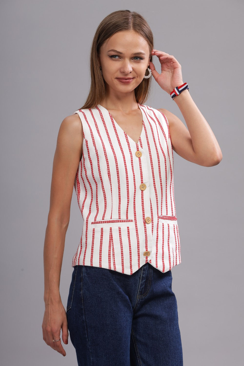 Red And White Hand loom Fabric Vests