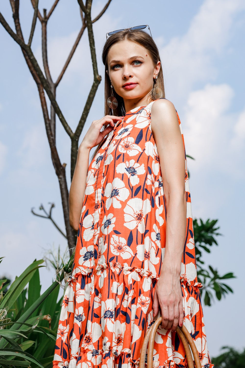 Orange Flower Print Dress