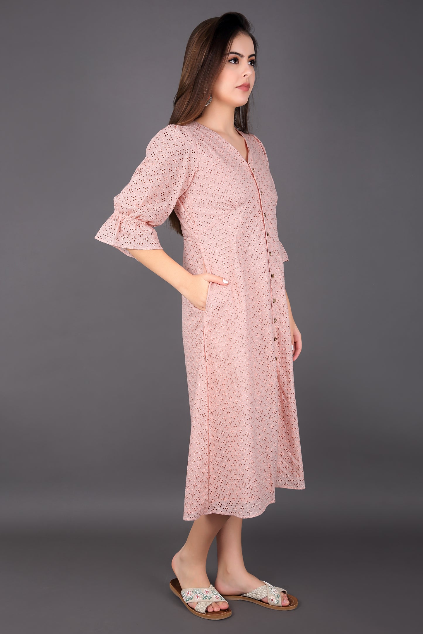 Coral Sandy Pink Schiffli Balloon Sleeve Dress