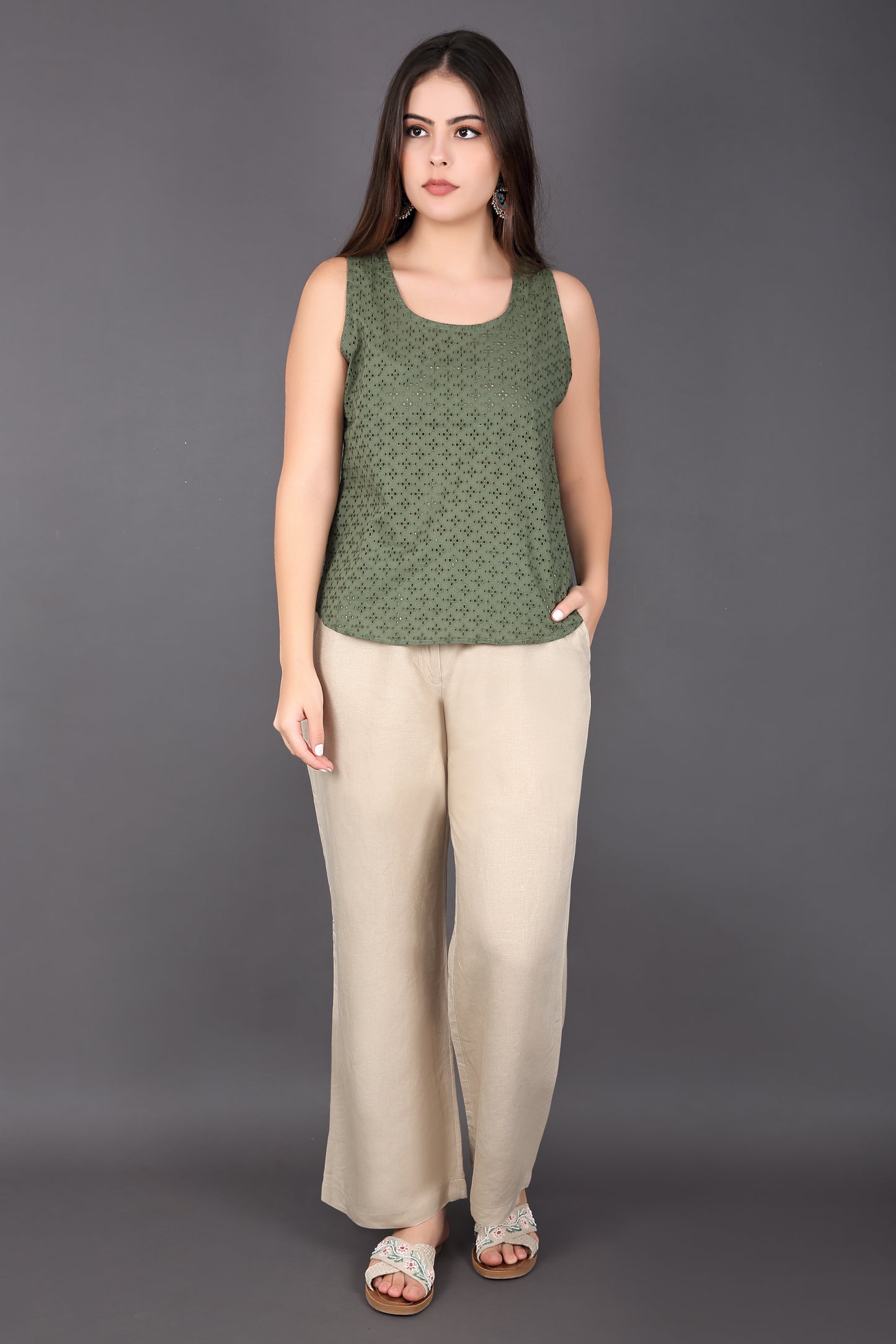 Dark Olive Green Schiffli sleeveless Top
