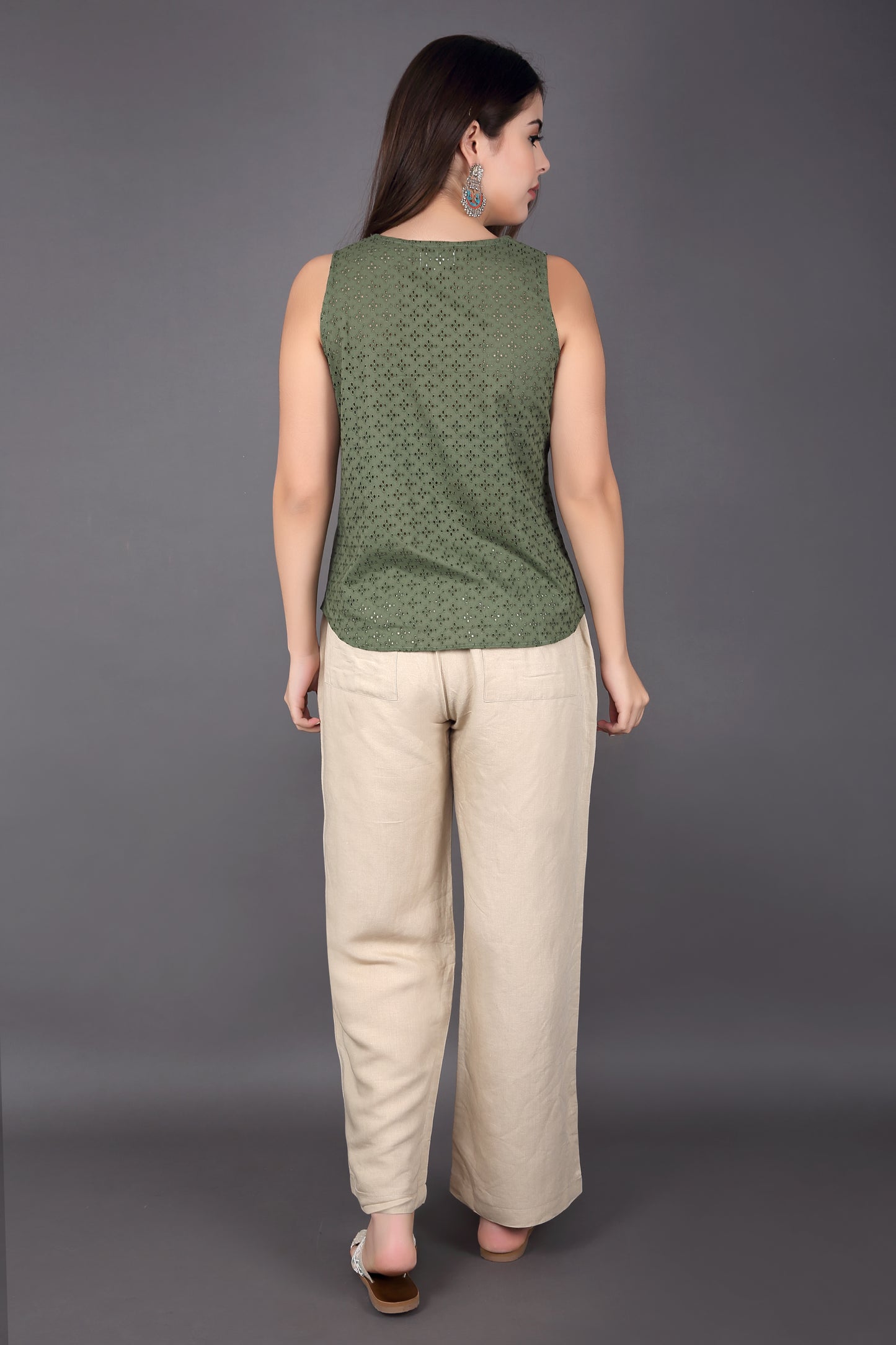 Dark Olive Green Schiffli sleeveless Top