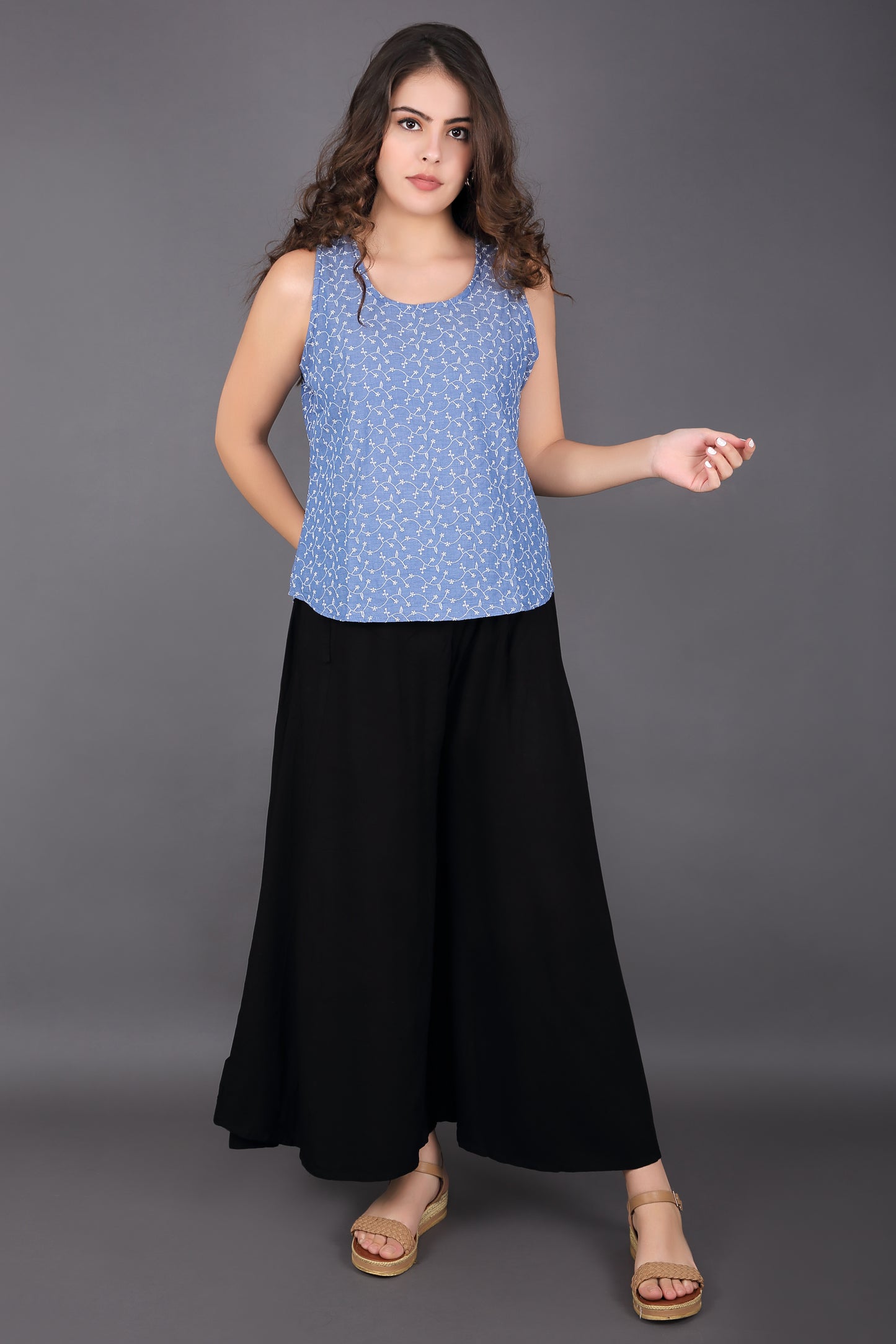 Cornflower Blue Embroidery Sleeveless Top