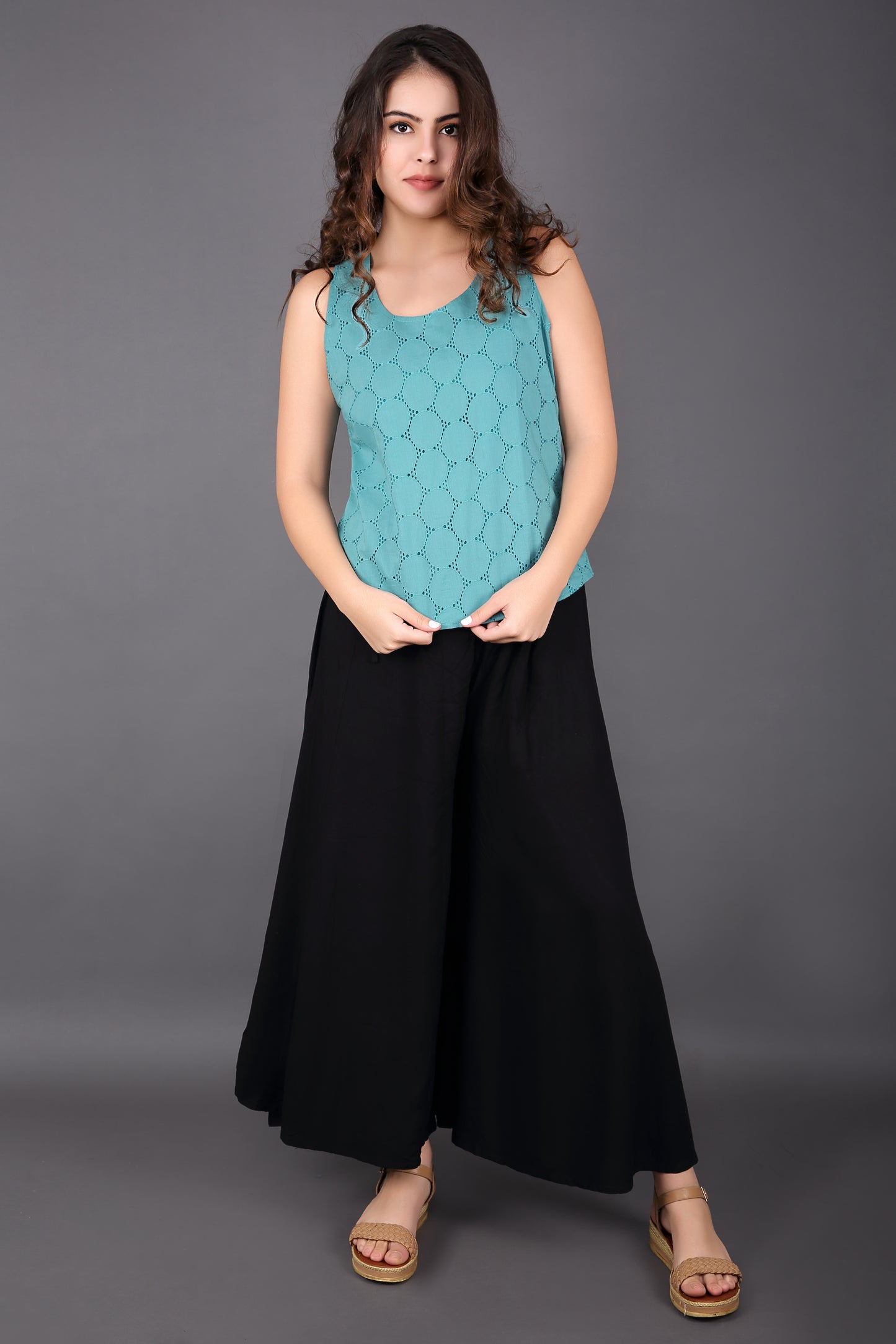 Light Sea Green Schiffli Sleeveless Top