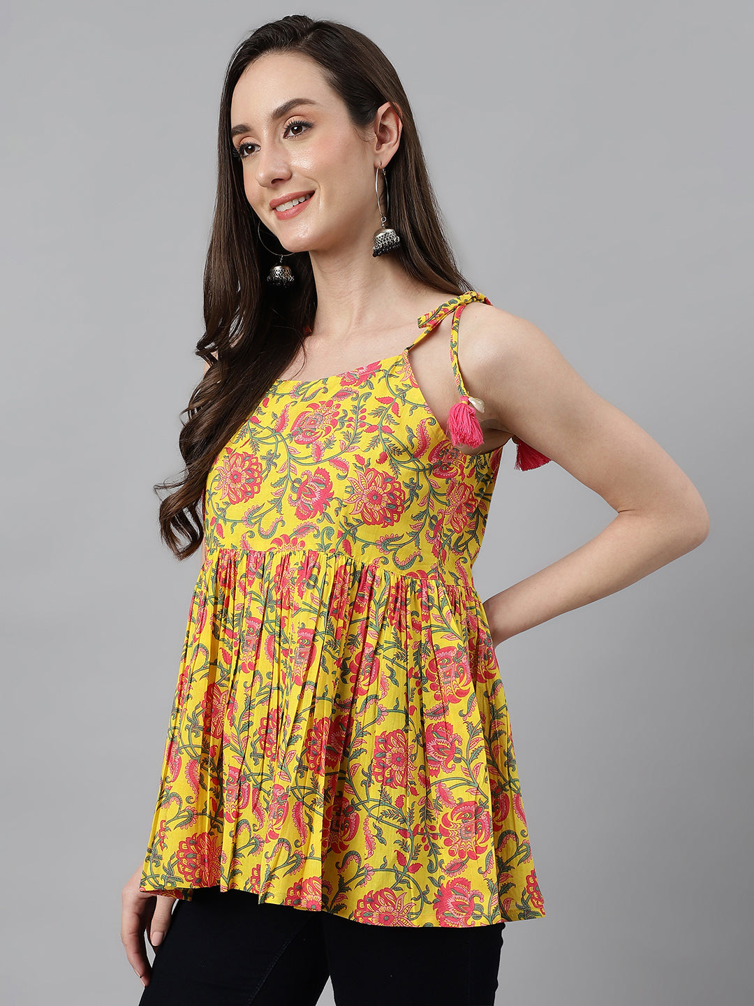 Printed Shoulder Tie-Ups Peplum Top