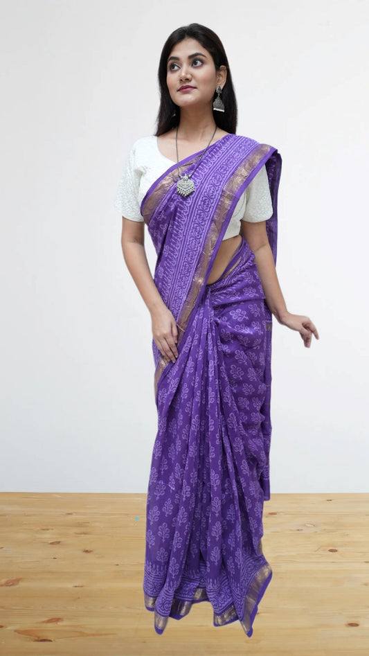 Violet Maheshwari cotton Silk Bagru Print Saree