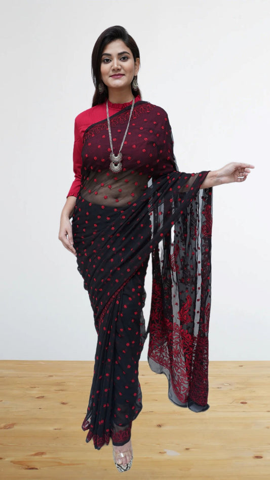 Black and Red Georgette chikankari Saree