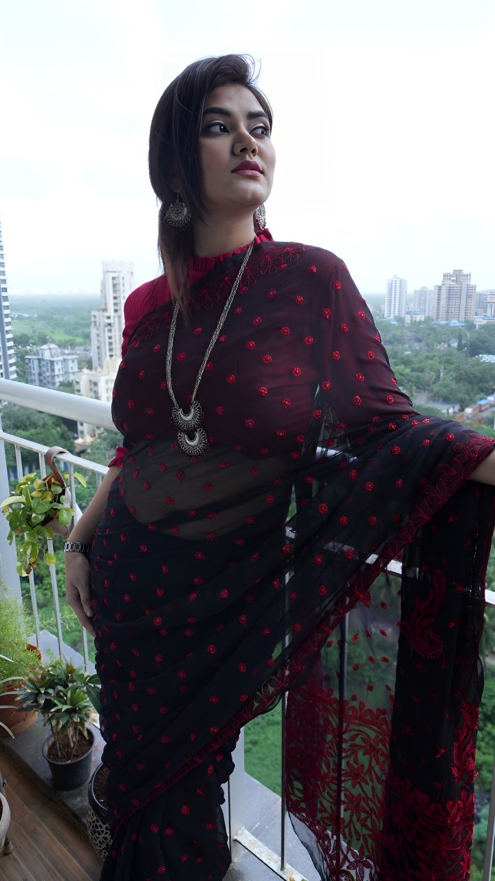 Black and Red Georgette chikankari Saree