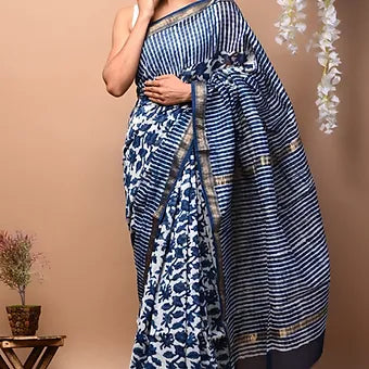 Blue Flower Print Chanderi Silk saree.