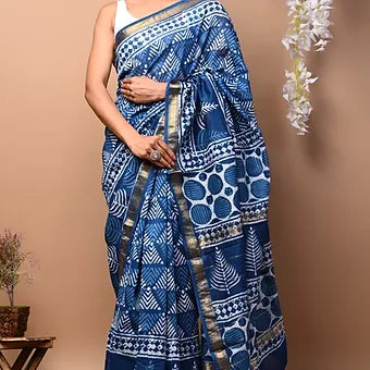 Blue Geometric print  Chanderi Silk saree