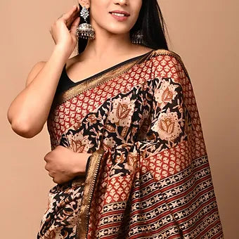 Rea and Black flower print Chanderi silk saree