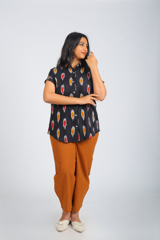 Black Multi-Color Pattern Pure Ikat Handloom Shirt