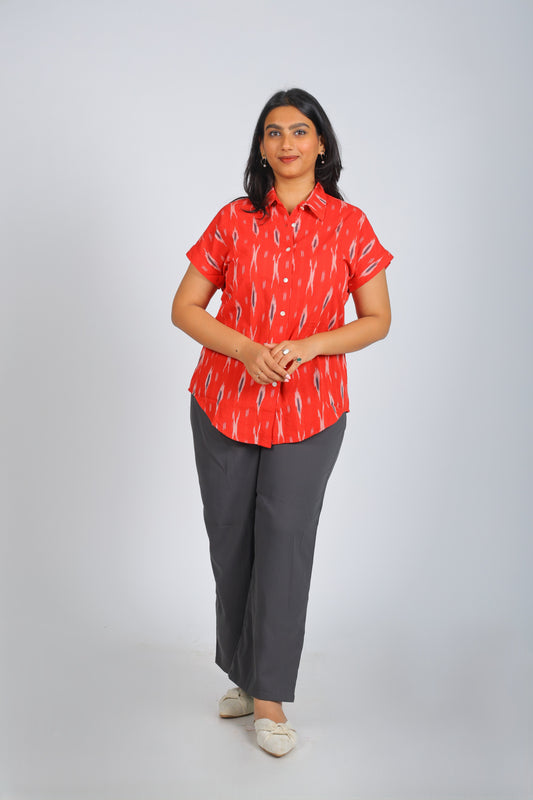 Red Multi-Color Pattern Pure Ikat Handloom Shirt