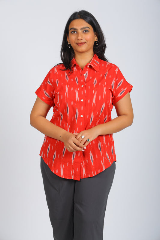 Red Multi-Color Pattern Pure Ikat Handloom Shirt