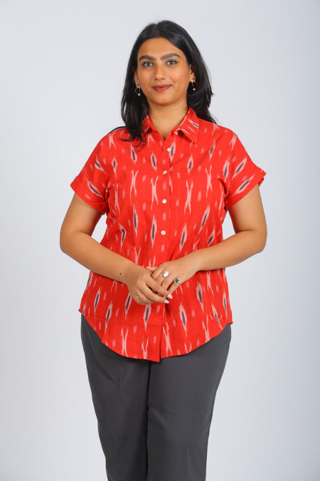 Red Multi-Color Pattern Pure Ikat Handloom Shirt