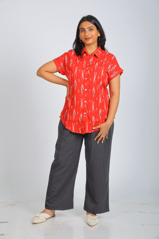 Red Multi-Color Pattern Pure Ikat Handloom Shirt