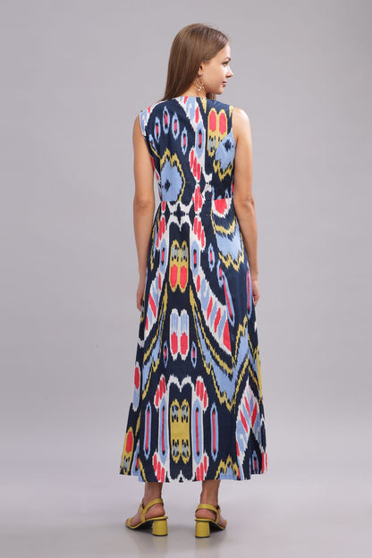 Blue Ikat Print long Dress