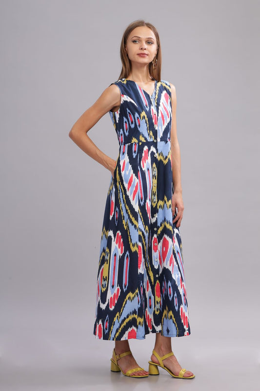 Blue Ikat Print long Dress