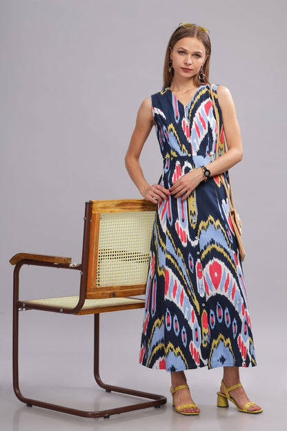 Blue Ikat Print long Dress