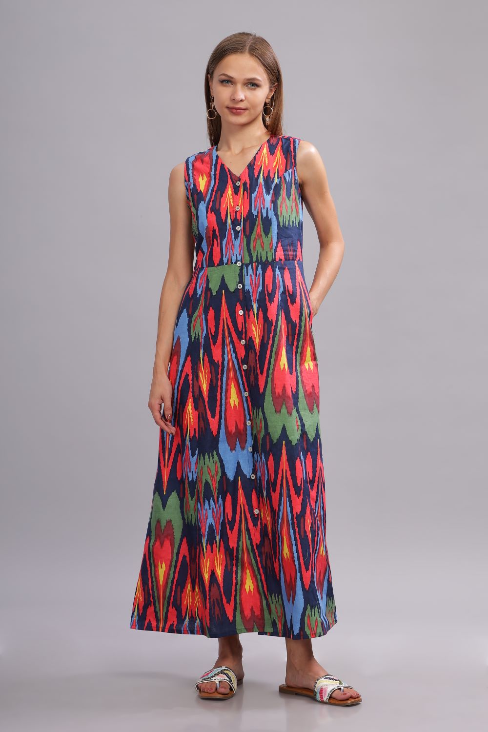 Ikat Print Multi Color Long Dress