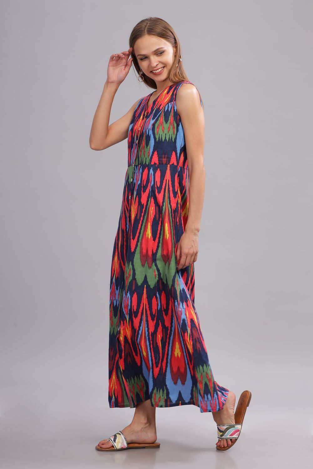 Ikat Print Multi Color Long Dress