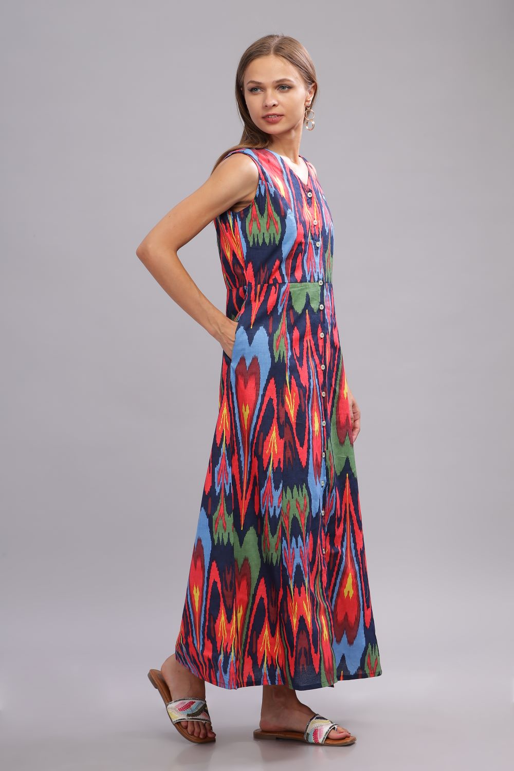 Ikat Print Multi Color Long Dress