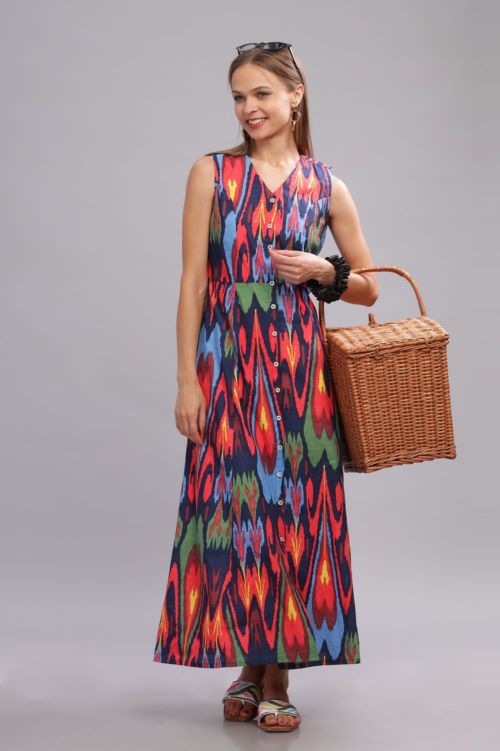 Ikat Print Multi Color Long Dress