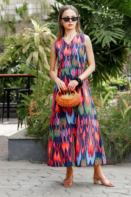 Ikat Print Multi Color Long Dress