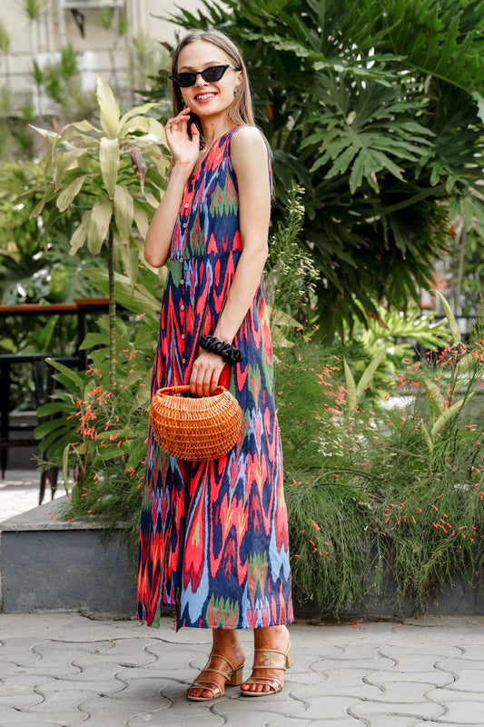 Ikat Print Multi Color Long Dress