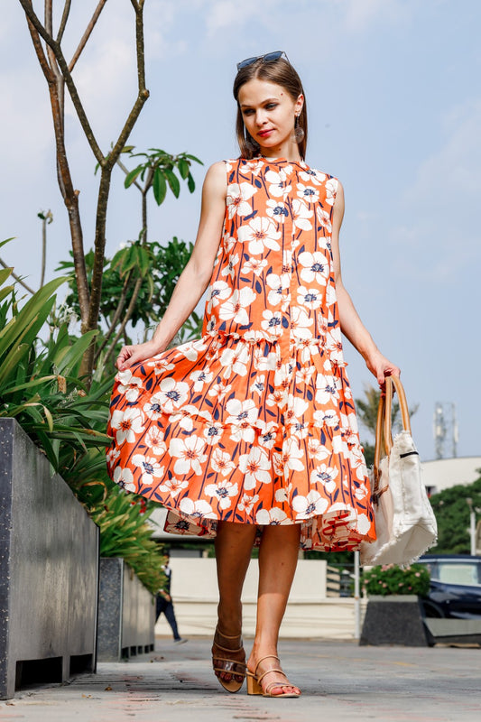 Orange Flower Print Dress