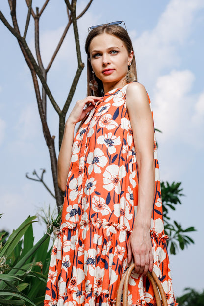 Orange Flower Print Dress