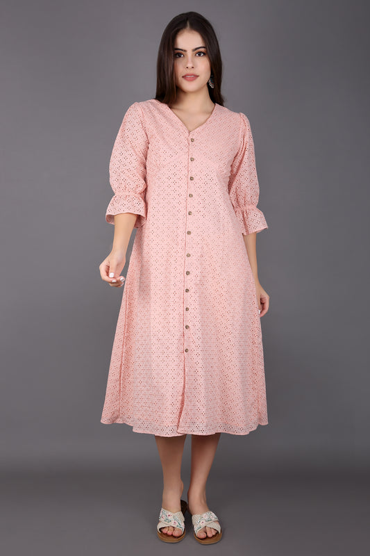 Coral Sandy Pink Schiffli Balloon Sleeve Dress