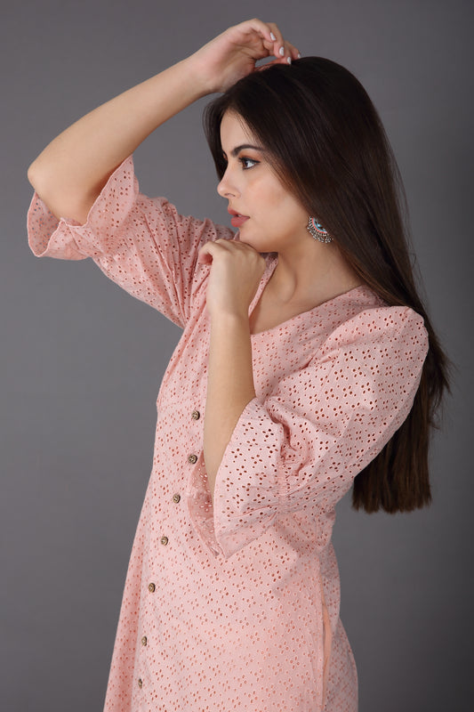 Coral Sandy Pink Schiffli Balloon Sleeve Dress