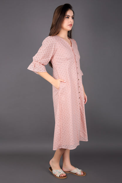 Coral Sandy Pink Schiffli Balloon Sleeve Dress