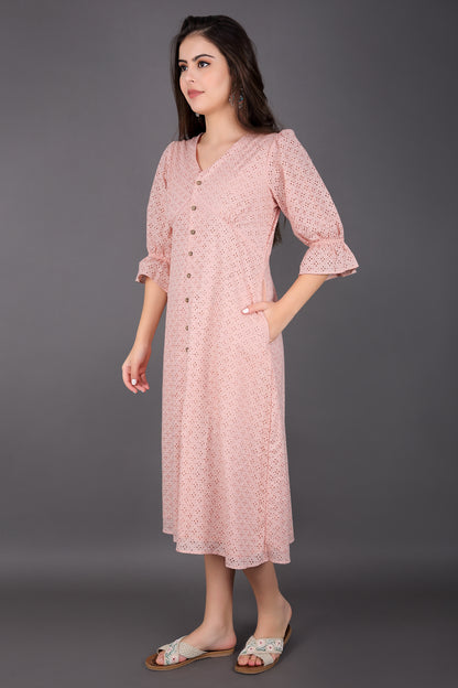 Coral Sandy Pink Schiffli Balloon Sleeve Dress