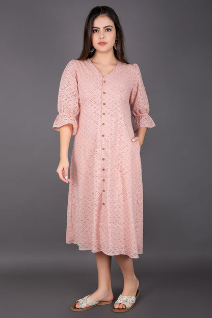 Coral Sandy Pink Schiffli Balloon Sleeve Dress