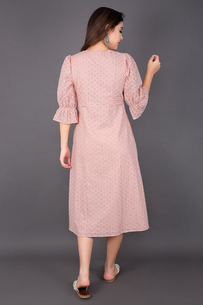 Coral Sandy Pink Schiffli Balloon Sleeve Dress