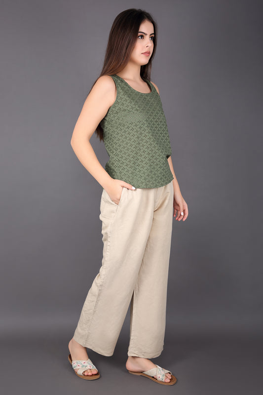 Dark Olive Green Schiffli sleeveless Top