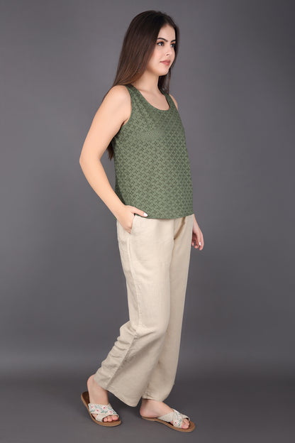 Dark Olive Green Schiffli sleeveless Top