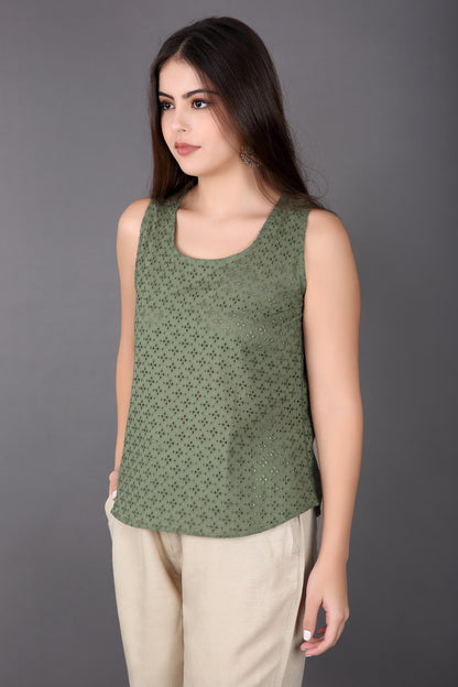 Dark Olive Green Schiffli sleeveless Top