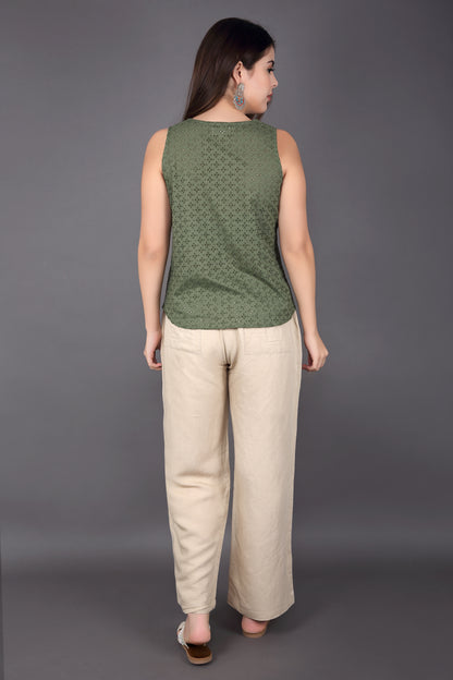 Dark Olive Green Schiffli sleeveless Top