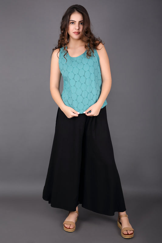 Light Sea Green Schiffli Sleeveless Top