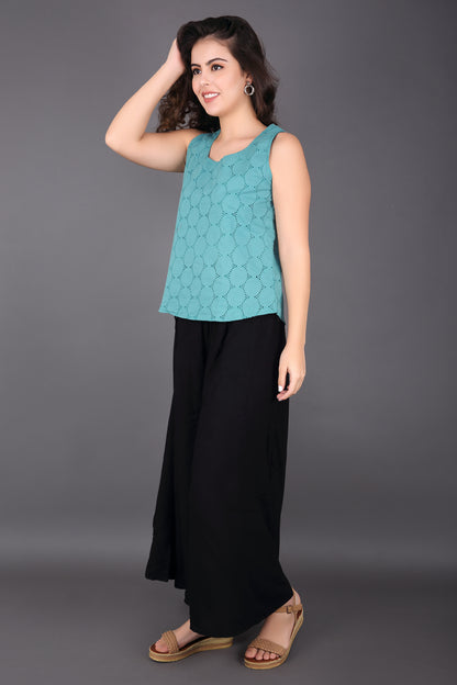 Light Sea Green Schiffli Sleeveless Top