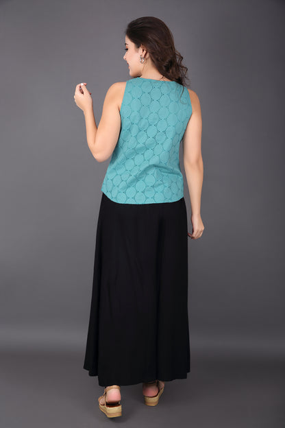 Light Sea Green Schiffli Sleeveless Top