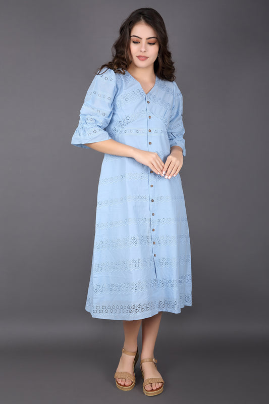 Light Sky Blue Schiffli Balloon sleeve Dress