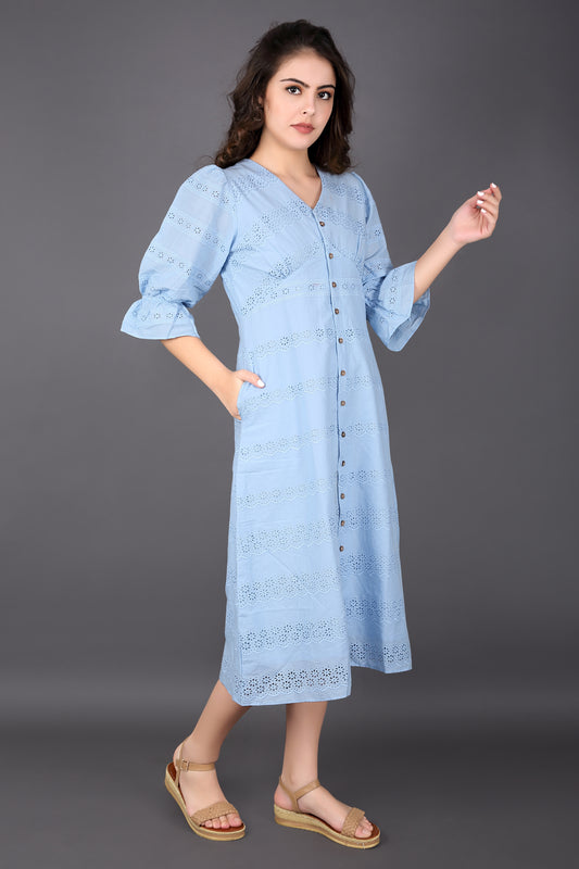 Light Sky Blue Schiffli Balloon sleeve Dress