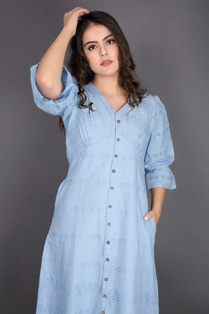 Light Sky Blue Schiffli Balloon sleeve Dress