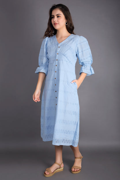 Light Sky Blue Schiffli Balloon sleeve Dress