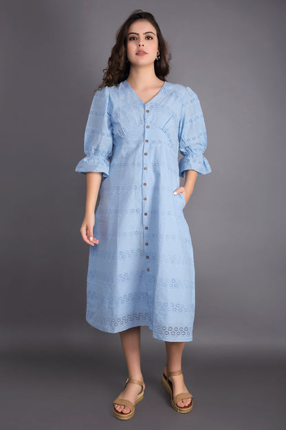 Light Sky Blue Schiffli Balloon sleeve Dress