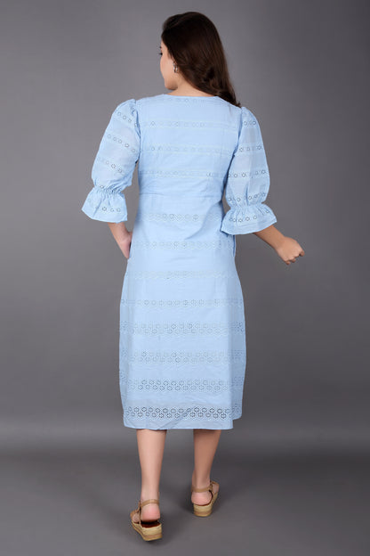 Light Sky Blue Schiffli Balloon sleeve Dress