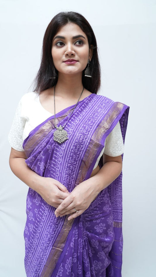 Violet Maheshwari cotton Silk Bagru Print Saree